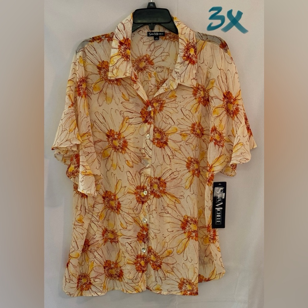 Sara Michelle Orange and Cream Floral Button-Down Shirt